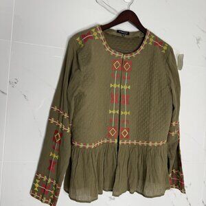 Olive Green Embroidered Jacket Women Sz L Military Boho Embroidered Aztec Cotton